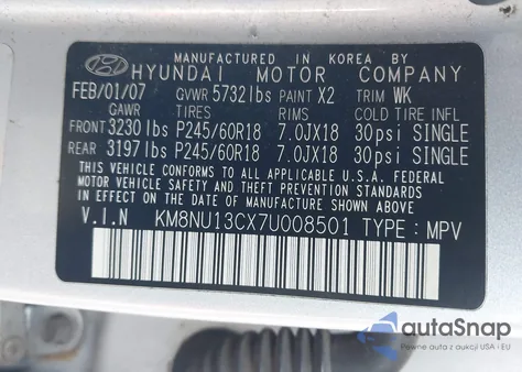 2007 Hyundai Veracruz Gls/Limited/Se z USA, uszkodzony, nr VIN KM8NU13CX7U008501